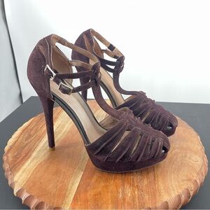 Joie Rexanne Ankle Strap Platform T-Strap Heels 38.5 US 8.5 burgundy suede